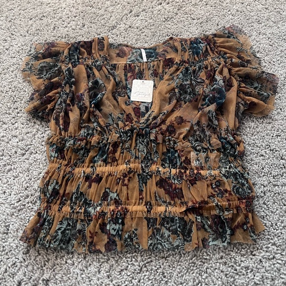 Free People Floral Ruffle Blouse in Mustard and Blue - Picture 2 of 3